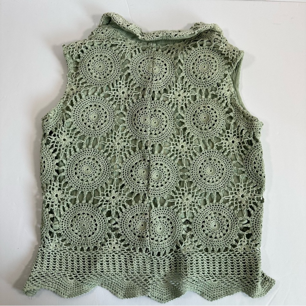 Vintage E Clair Designs Green Crochet Vest Zip Front M USA Made Boho Cottagecore - Picture 2 of 6